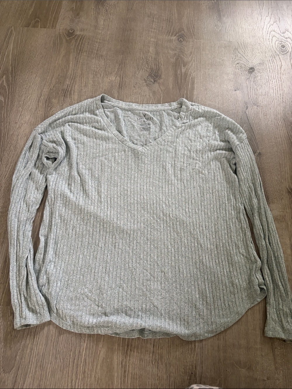 Light Green Ribbed V-Neck Long Sleeve Top